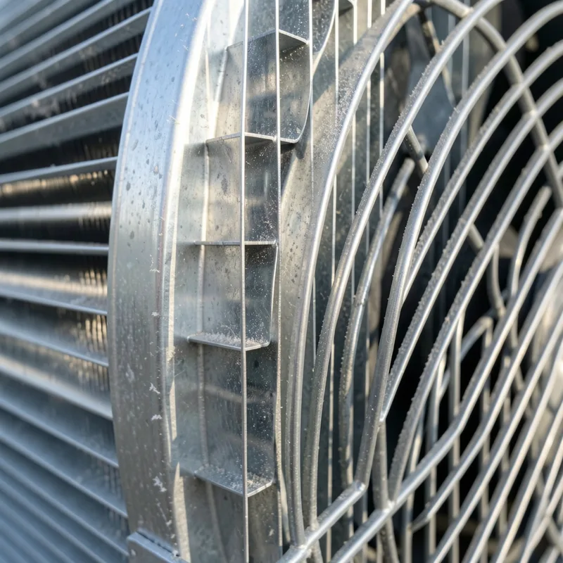 Unité extérieure de pompe à chaleur air-air fixée sur une façade claire, ailettes de l’échangeur visibles