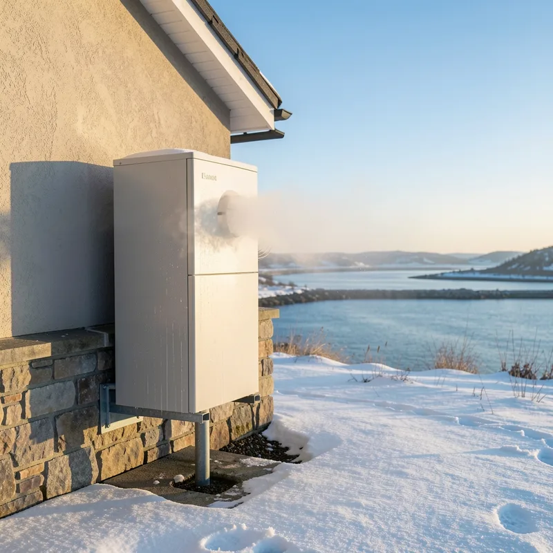 Unité extérieure de climatisation en fonctionnement un matin d’hiver clair sur une façade du bassin de Thau