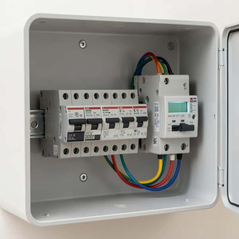 Compteur d’énergie modulaire installé sur rail DIN dans un tableau électrique domestique, index visible