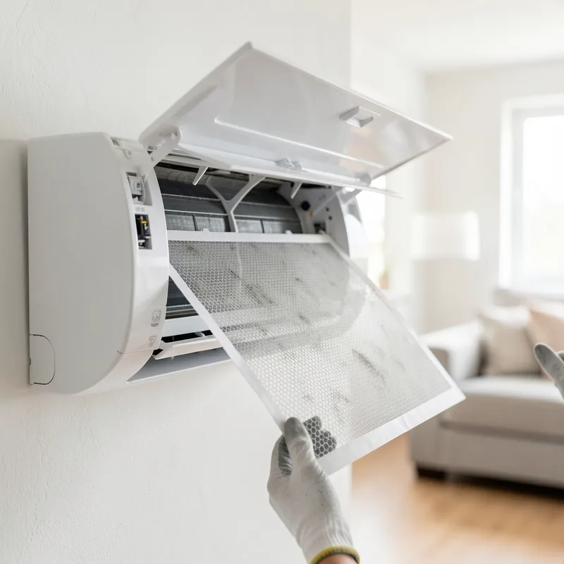 Nettoyage du filtre d’une unité intérieure murale de climatisation, façade avant relevée