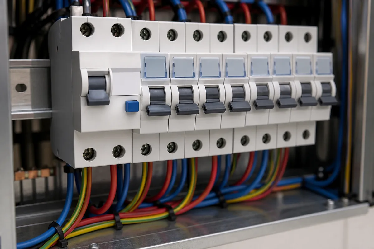 Rangée de disjoncteurs et interrupteur différentiel dans un tableau électrique ouvert, manette du différentiel en position basse