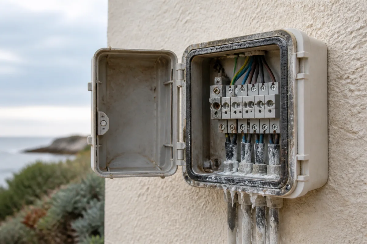 Coffret électrique extérieur ouvert sur un mur clair, joint dégradé et traces d&rsquo;humidité sur les bornes