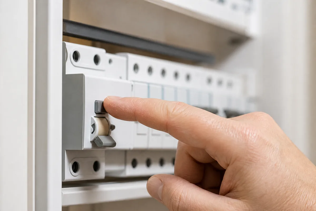 Main appuyant sur le bouton de test d&rsquo;un interrupteur différentiel dans un tableau électrique domestique