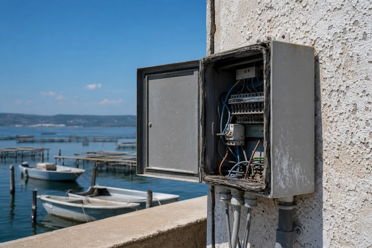 Coffret électrique ouvert sur une façade claire marquée par le sel, face à l’étang de Thau