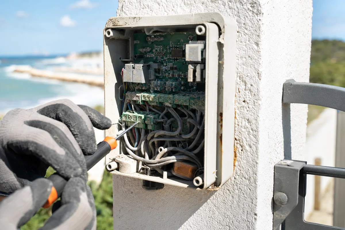 Platine de motorisation de portail dans un coffret ouvert sur un pilier de clôture face à la mer