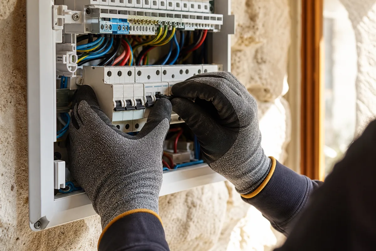 Mains gantées contrôlant un tableau électrique ouvert dans une maison de pierre à Frontignan