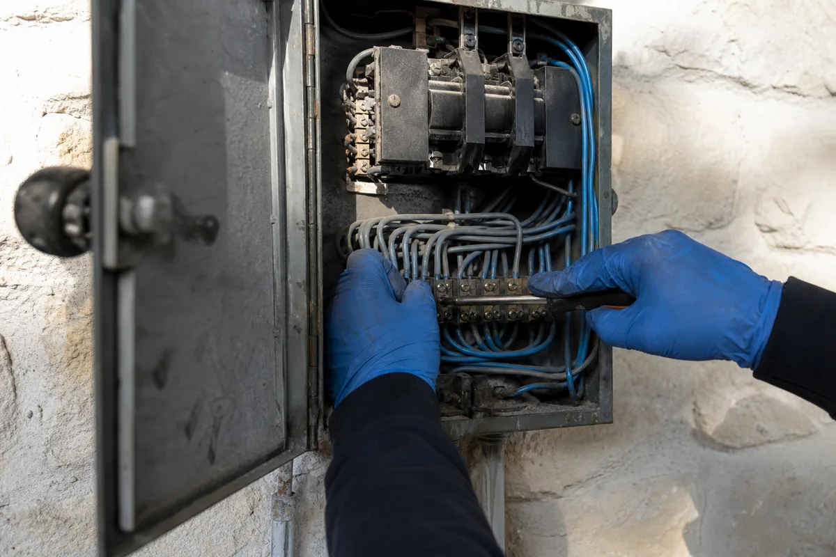 Mains gantées contrôlant les bornes d’un tableau électrique ancien dans un studio de Balaruc-les-Bains