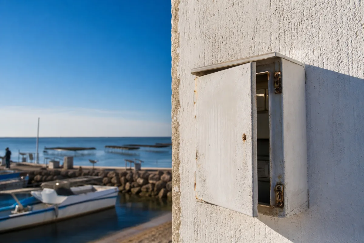 Coffret électrique extérieur marqué par le sel sur la façade claire d’une résidence face à l’étang de Thau