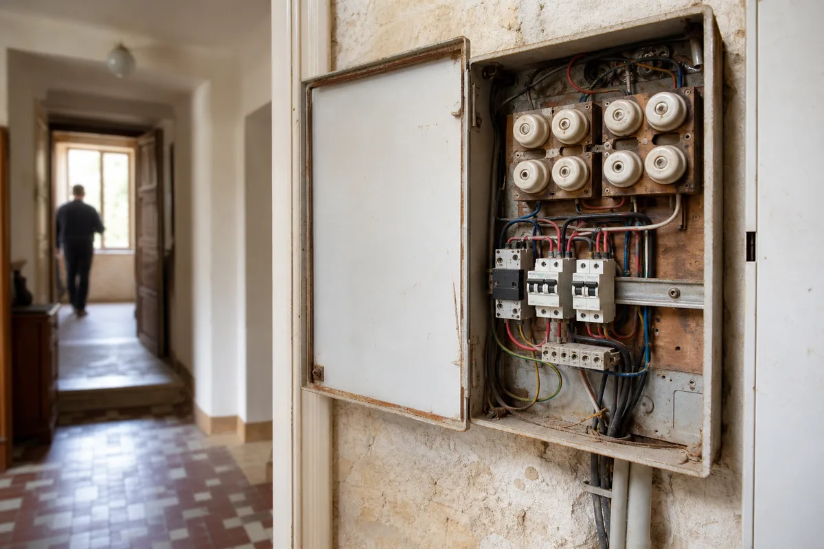 Tableau électrique ancien ouvert dans une maison de pierre du centre de Mèze