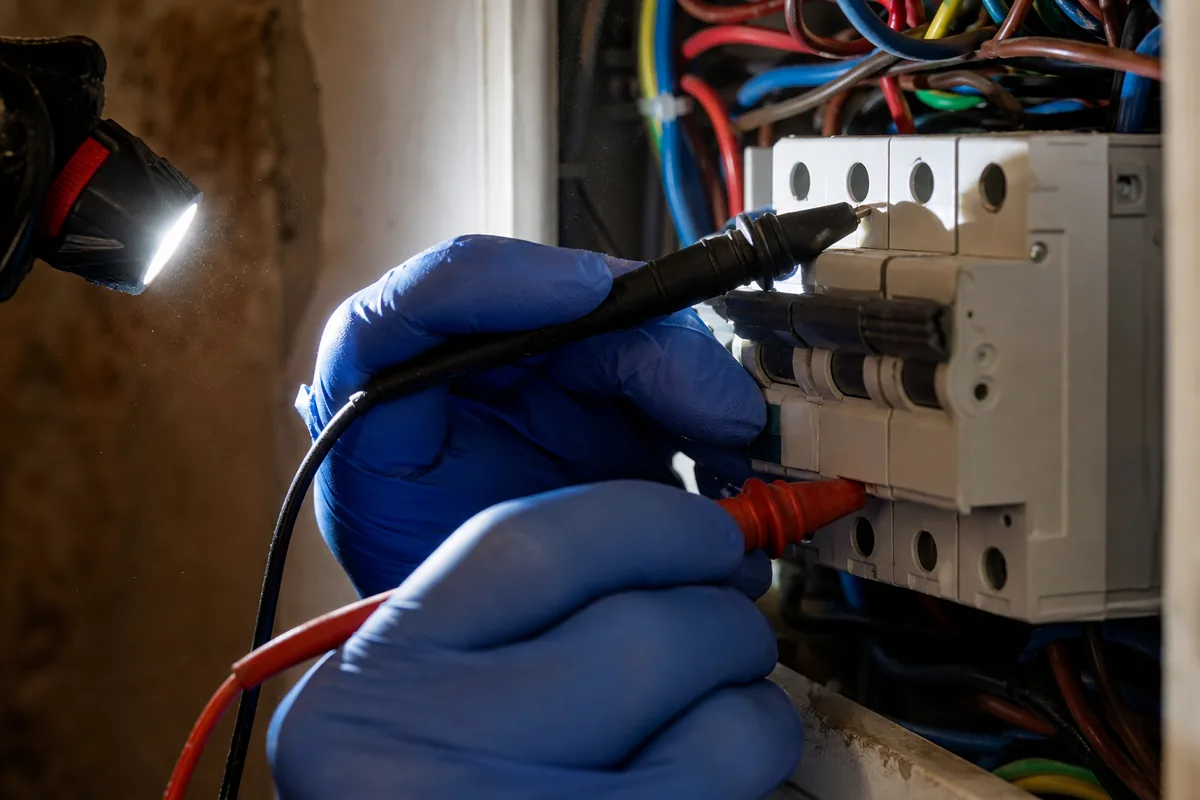 Mains gantées d&rsquo;un technicien testant les bornes d&rsquo;un tableau électrique ouvert dans une maison de pierre