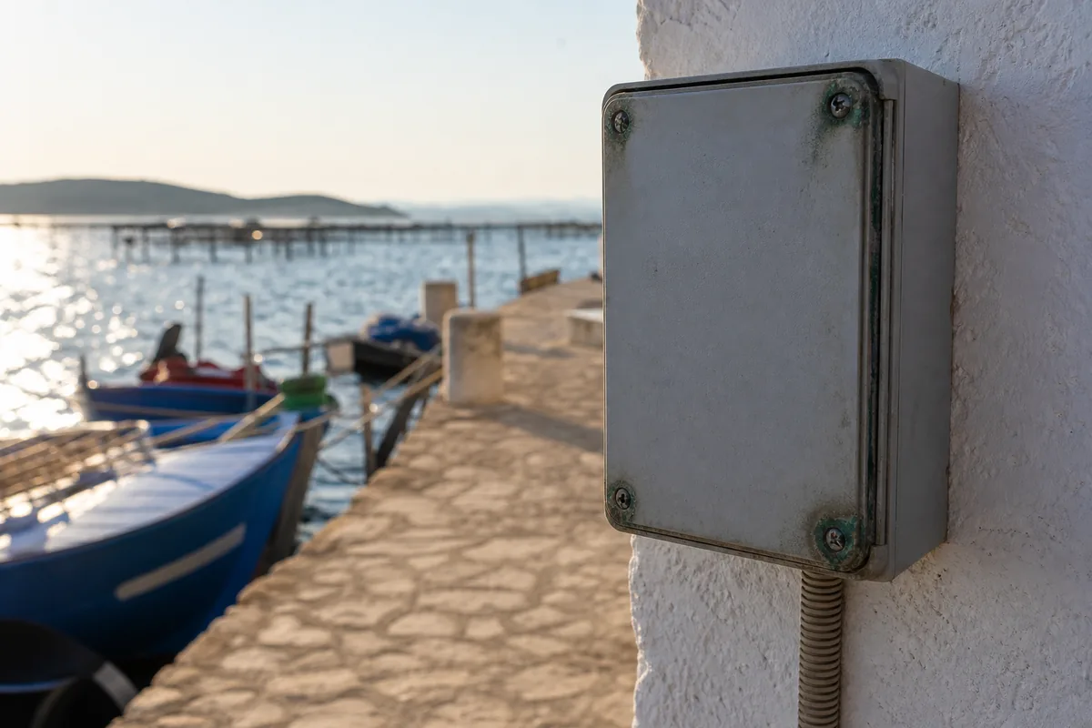 Coffret électrique de façade rongé par le sel sur un mur clair, quais et barques en arrière-plan