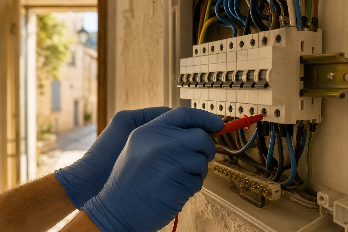 Mains gantées vérifiant les bornes d&rsquo;un tableau électrique ouvert dans une maison ancienne