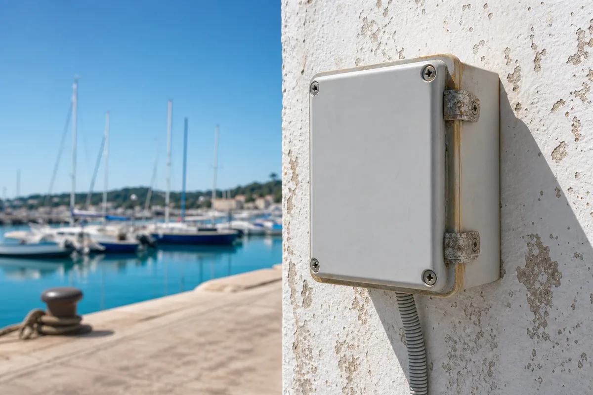 Coffret électrique de façade marqué par le sel sur un mur clair, front de mer en arrière-plan