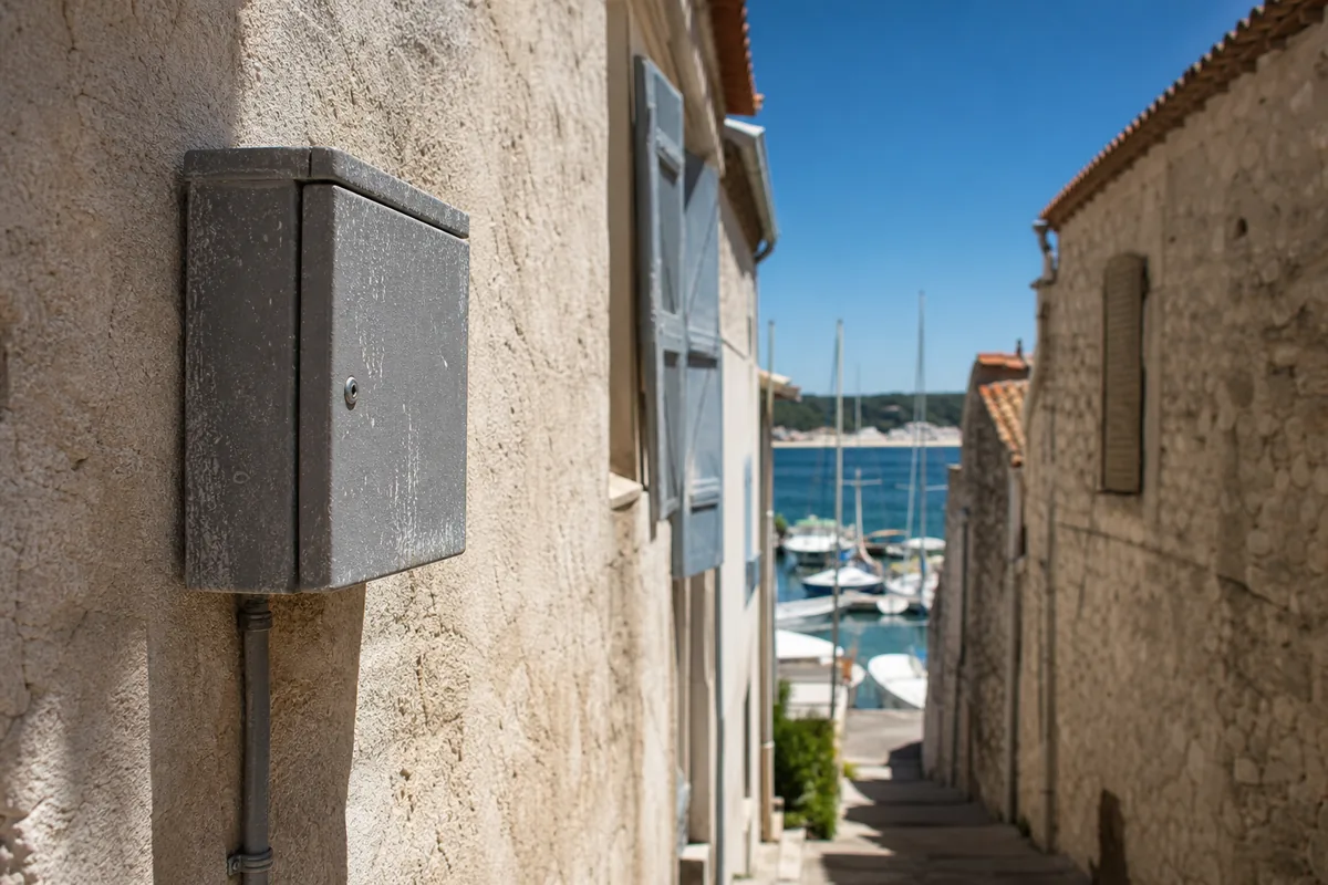 Ruelle en pierre du Quartier Haut à Sète avec un coffret électrique en applique sur une façade claire