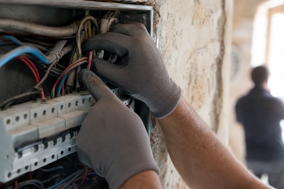 Mains gantées d&rsquo;un électricien testant un tableau ouvert dans une maison de pierre méditerranéenne