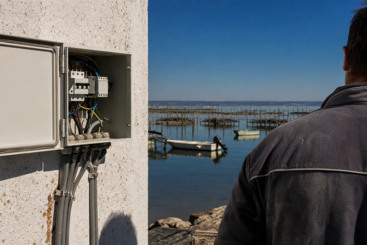 Coffret électrique ouvert sur le mur clair d&rsquo;un mas conchylicole au bord de l&rsquo;étang de Thau
