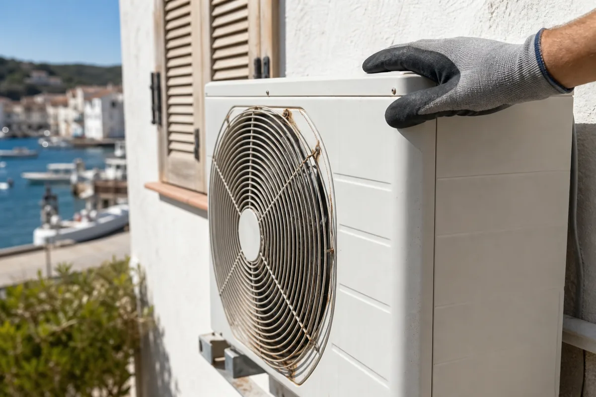 Unité extérieure de climatisation marquée par le sel sur une façade blanche face à l&rsquo;étang