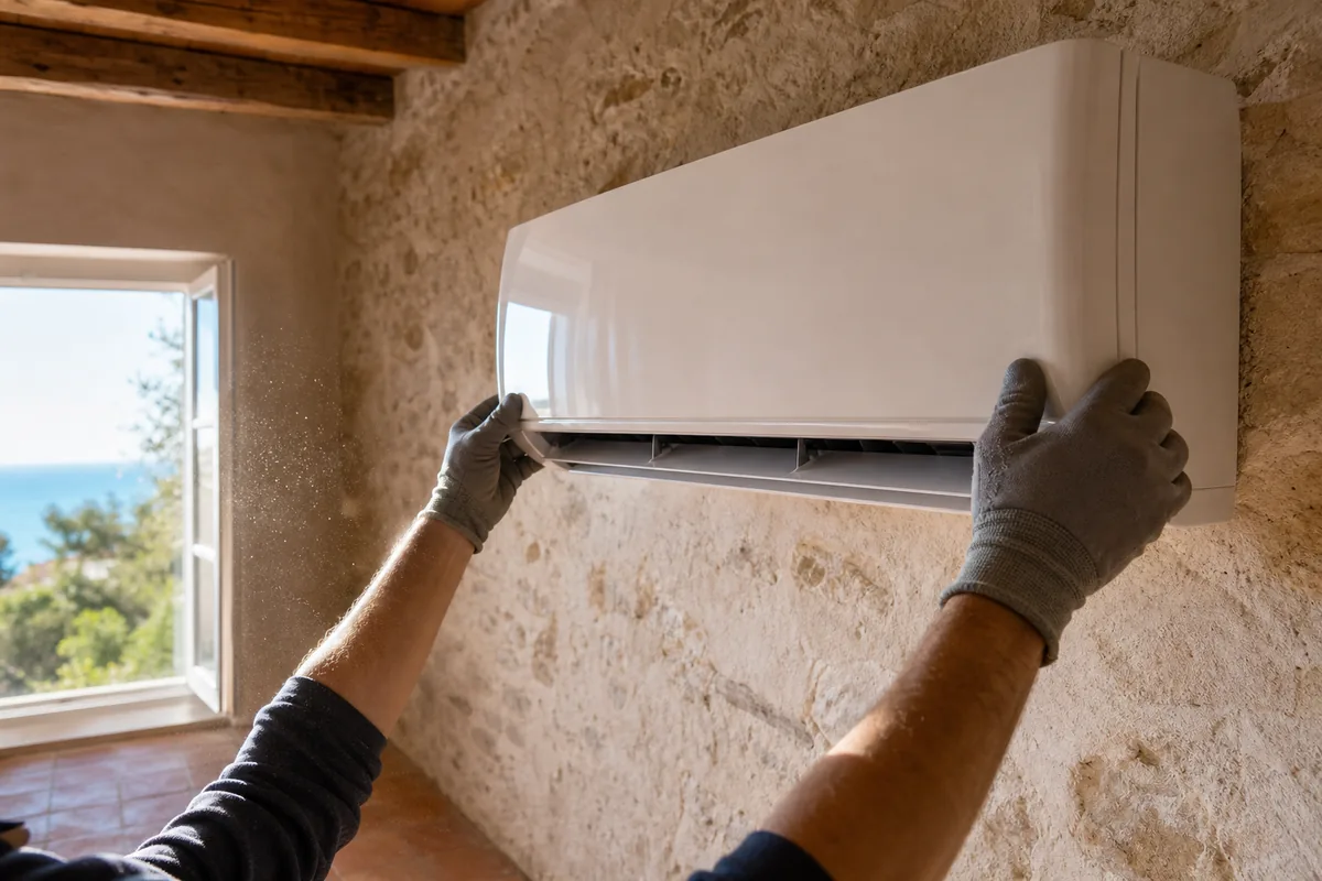 Unité intérieure murale de climatisation réversible dans le séjour d’une maison de pierre méditerranéenne