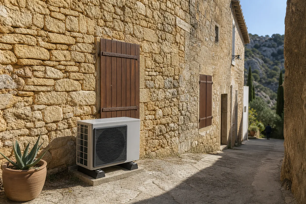 Unité extérieure de pompe à chaleur fixée contre une maison de village en pierre de l’arrière-pays héraultais