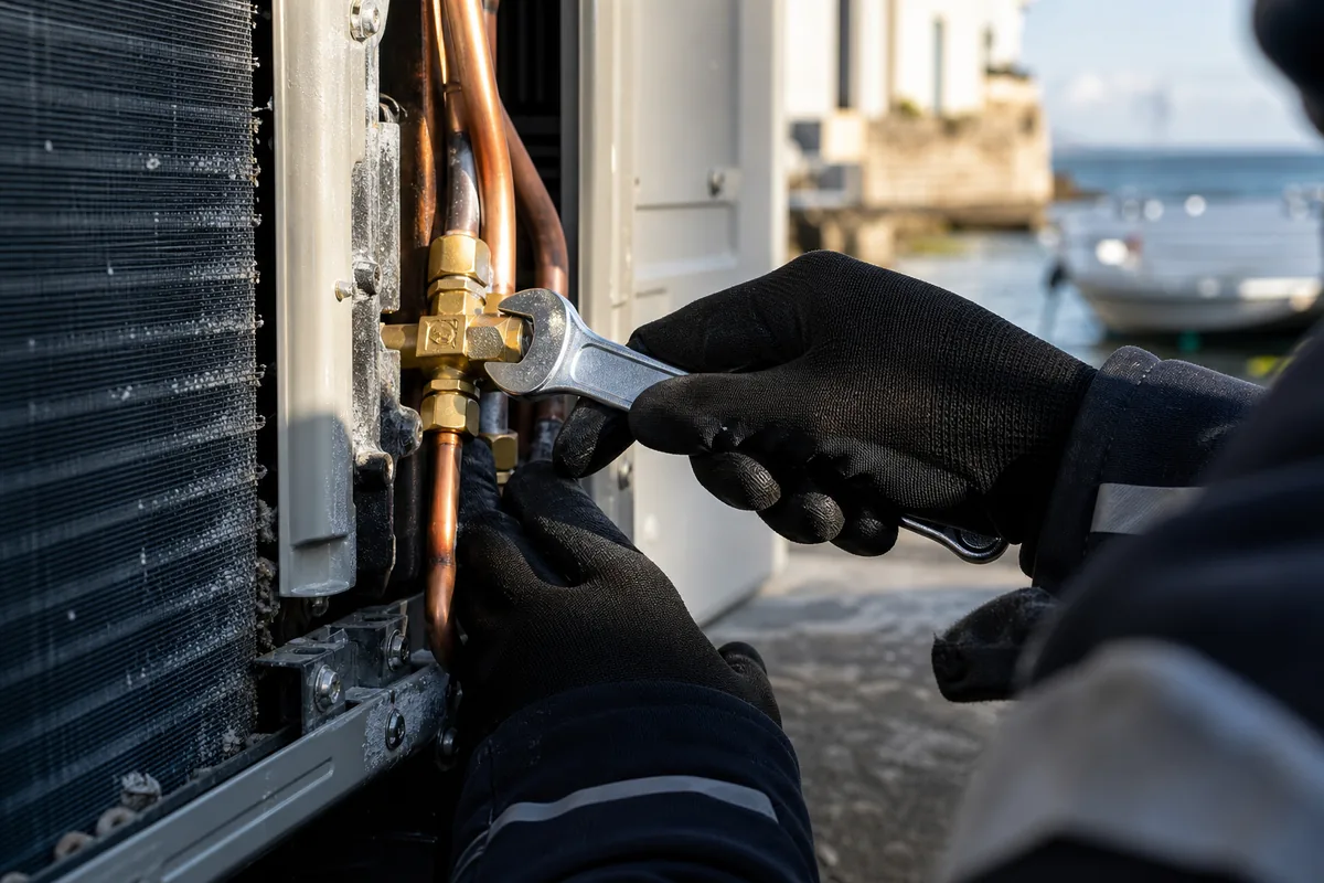 Mains gantées d’un technicien contrôlant les raccords frigorifiques d’une unité extérieure marquée par le sel