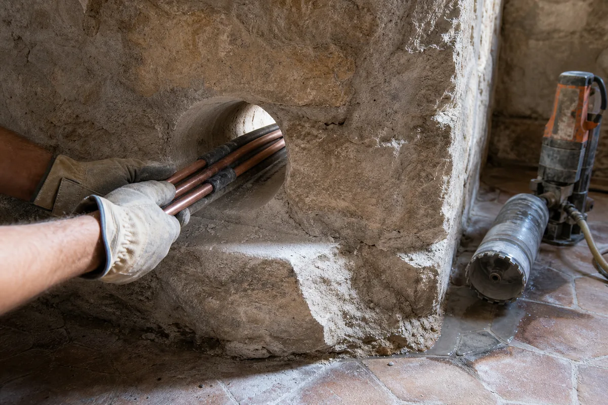 Mur de pierre épais percé au carottage pour le passage d&rsquo;une liaison frigorifique dans une maison ancienne
