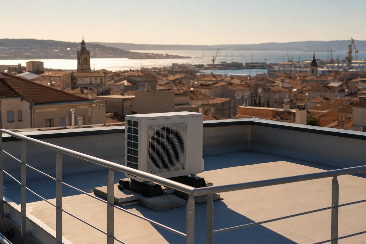 Unité extérieure de climatisation posée sur plots sur une toiture-terrasse dominant les toits de tuiles