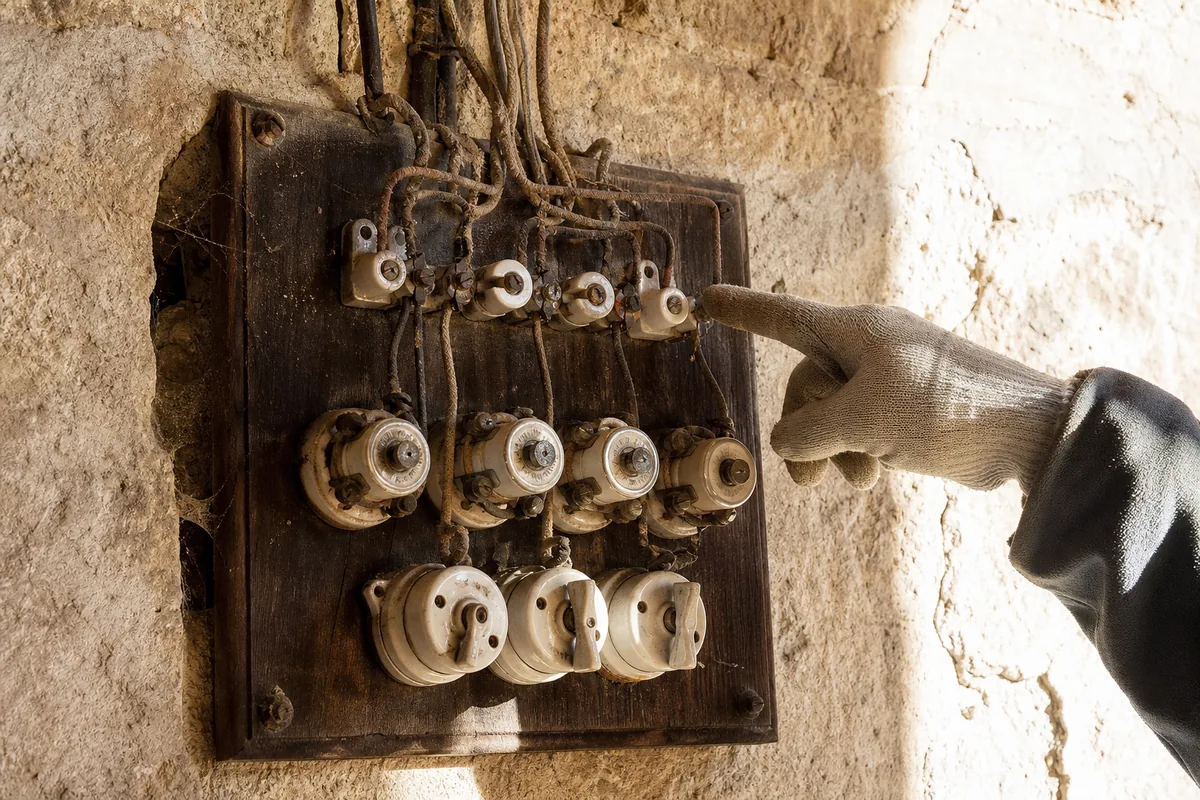Tableau électrique ancien à porte-fusibles ouvert dans une maison de pierre du bassin de Thau
