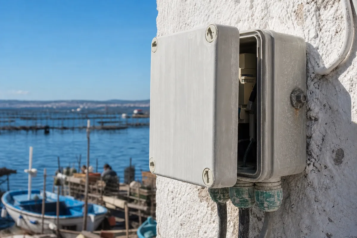 Coffret électrique extérieur corrodé par le sel sur une façade claire face à l’étang de Thau