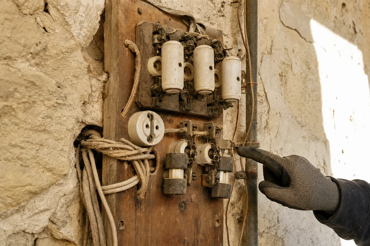 Tableau électrique ancien à porte-fusibles dans une maison de pierre du Quartier Haut à Sète