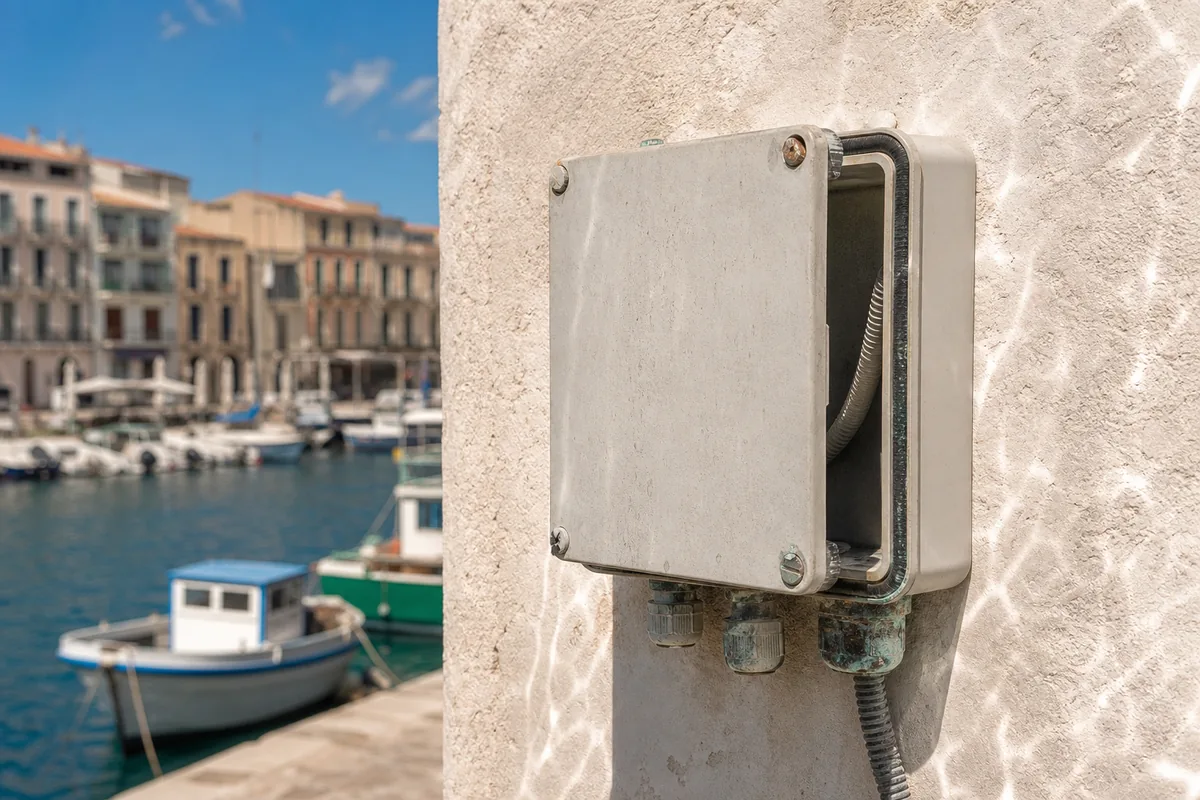 Coffret électrique marqué par le sel sur une façade claire, quais de Sète en arrière-plan
